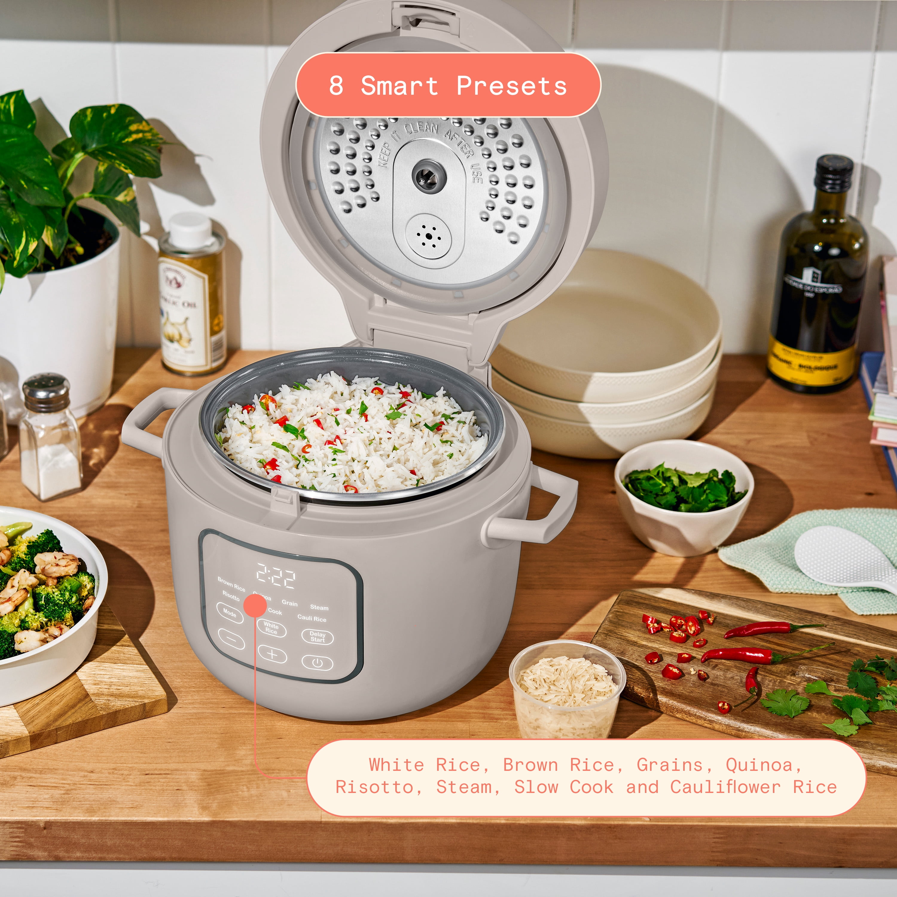 Beautiful 14-Cup Cooked, 6-Cup Uncooked Electric Rice and Grain Cooker, EverGood Ceramic Nonstick Coating, Porcini Taupe by Drew Barrymore