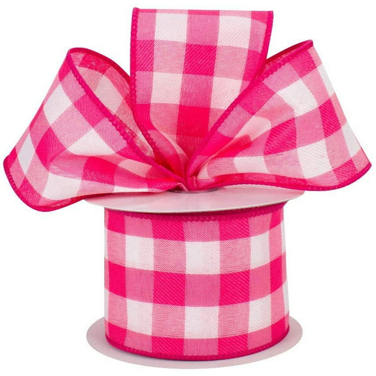 Beautiful 1.5 Inch Wired Gingham Ribbon in Pink & White W/ Dashed Edges 5  YARDS Perfect for Bows Wreaths Decorating Wrapping Hairbows 