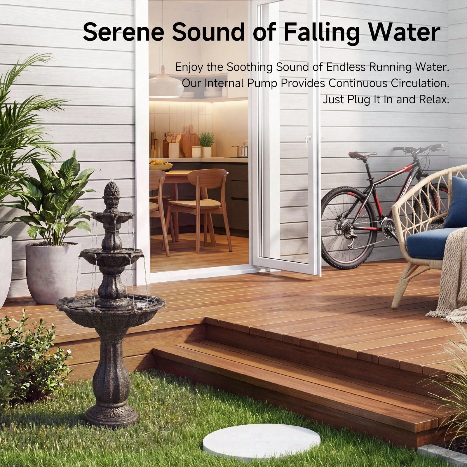 50.5 Inch 3-Tier Solar Outdoor Water Fountain, Pineapple Top Pedestal Waterfall with Warm LED Lights, Weather UV Resistant Resin, Low Noise Energy Saving, for for Yard Patio Home Decor