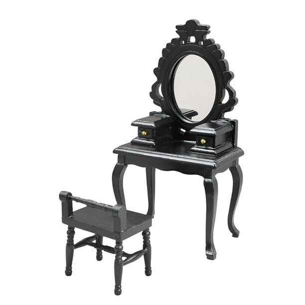 1:12 Mini tocador delicado escenario de vida con espejo de madera con cajón Negro