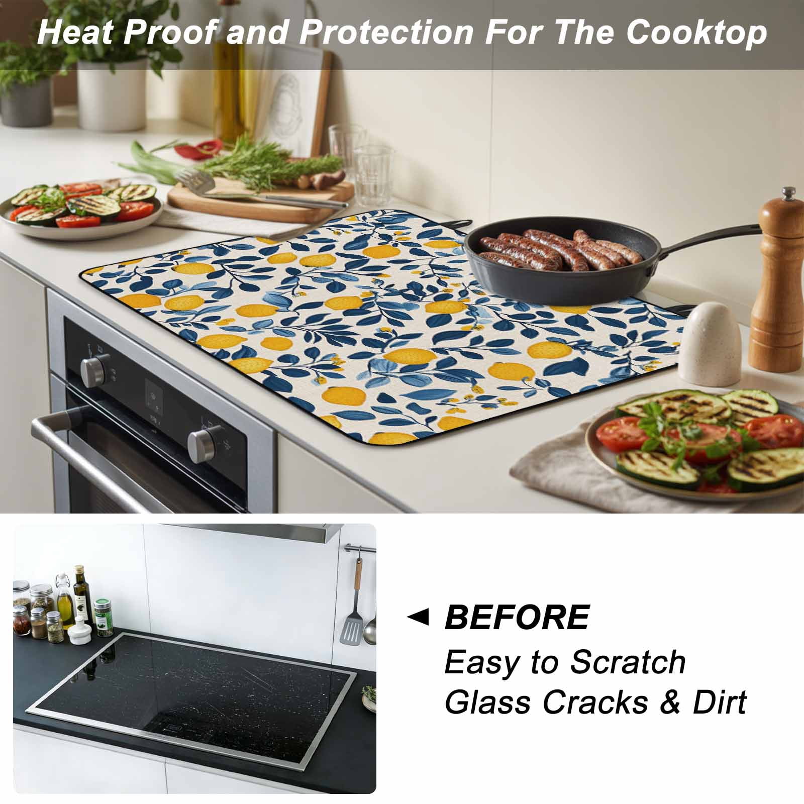 Lemon Summer Stove Top Cover for Electric Stove, Heat-proof & Non Slip Glass Top Stove Cover Protector, Spring Pastoral Watercolor Fruit Leaf Kitchen Flat Cooktop Rubber Mat 24x21 Inches