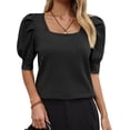 thumbnail image 4 of Solid Square Neck Women's Puff Short Sleeve Sweater Tops Rendy Casual Knit Tops, 4 of 6