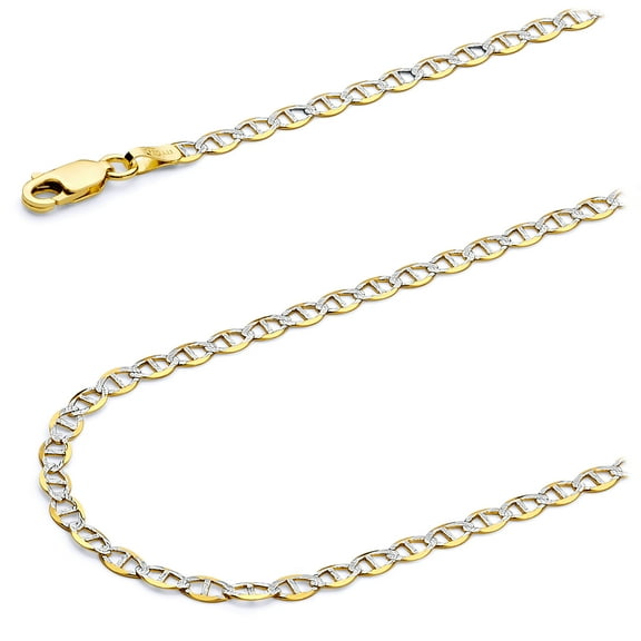 Wellingsale 14k Yellow Gold Polished Solid 3mm Flat Mariner White Pave Diamond Cut Chain Bracelet - 7"