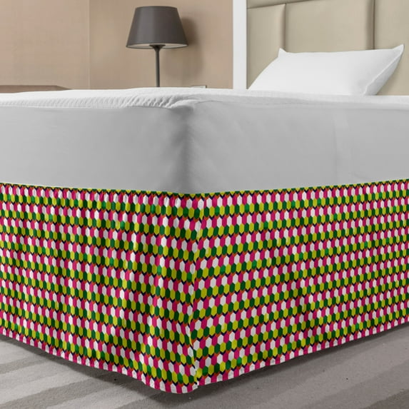 Abstract Bed Skirt, Pattern of Mini Hexagons in Various Spring Tones, Elastic Bedskirt Dust Ruffle Wrap Around for Bedding Decor, 4 Sizes, Multicolor, by Ambesonne