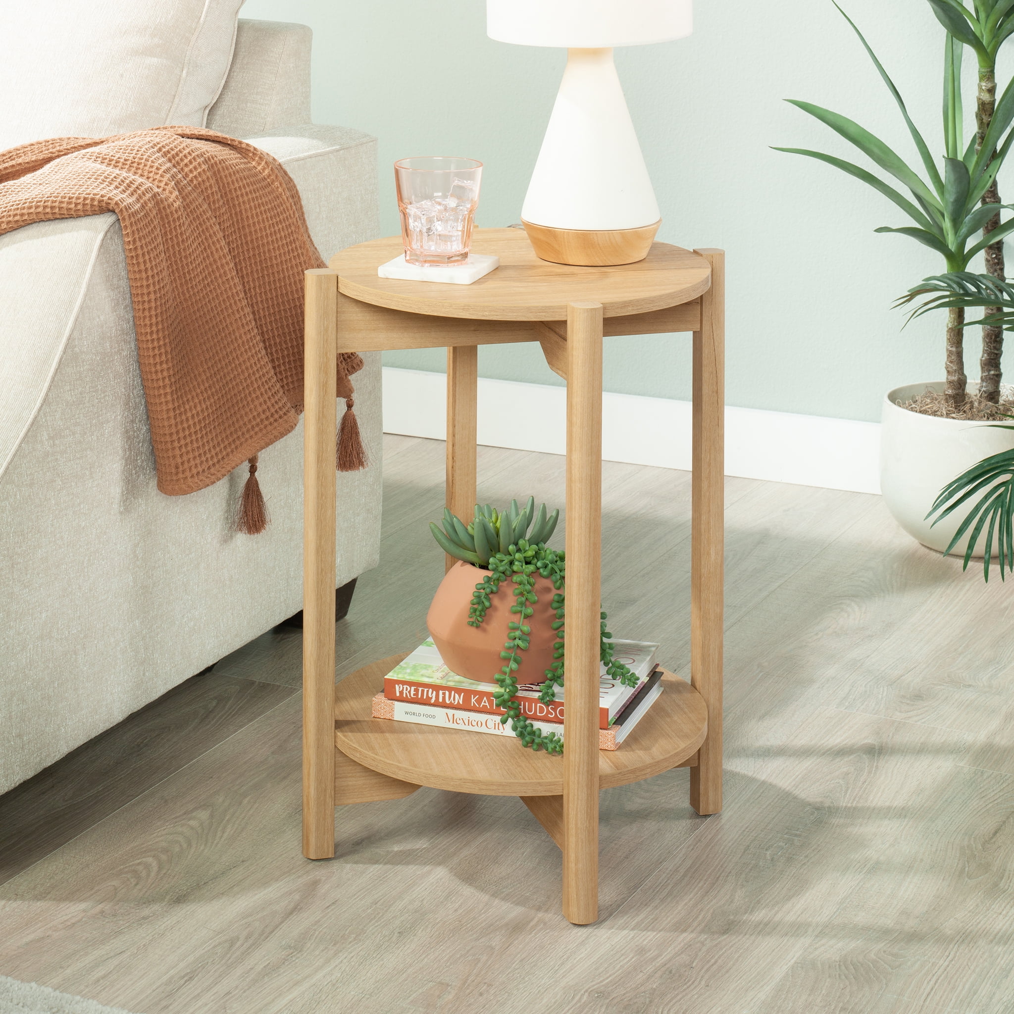 (2 pack) Mainstays Round Modern Dowel End Table, Natural Teak Finish