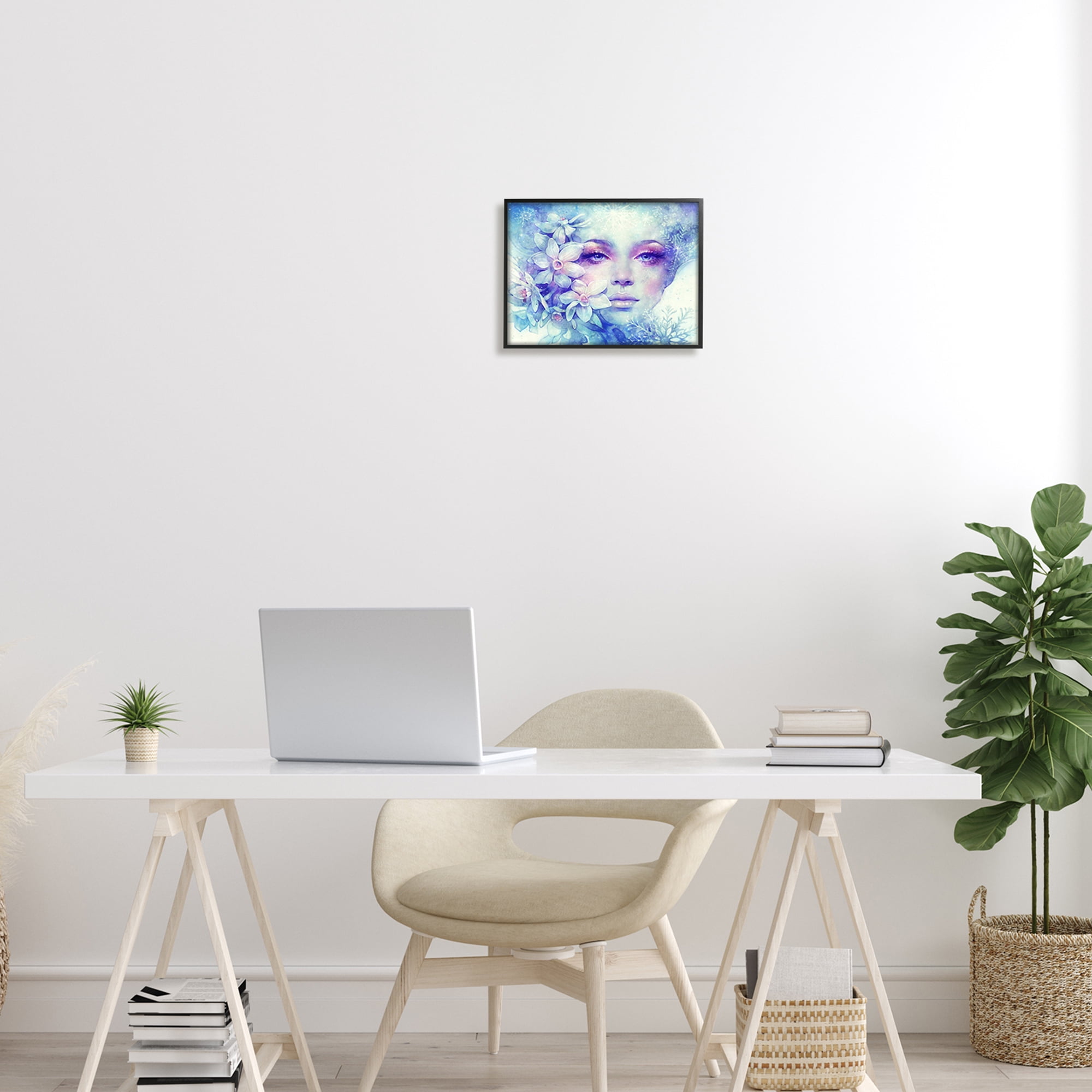 Detailed Woman Purple Makeup Floral Bouquet Snowflakes Botanical & Floral Painting Framed Art Print Wall Art