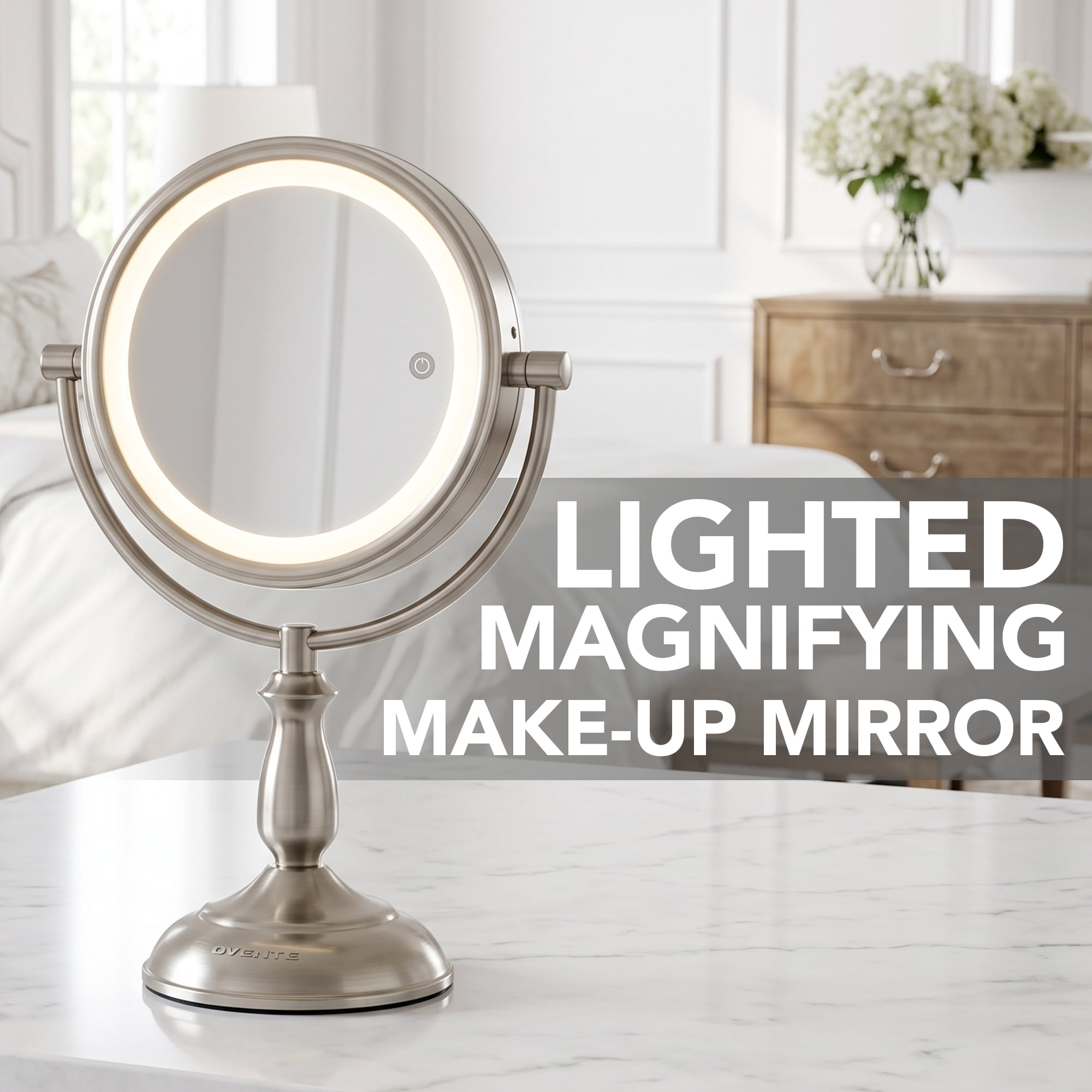 OVENTE 7.5" Lighted Tabletop Vanity Makeup Mirror, 1X & 10X Magnifier, Spinning Double Sided Round LED, 3 Tone Smart Touch, Auto Shut off Timer, Battery & AC Plug Powered, Nickel Brushed MPT75BR1X10X