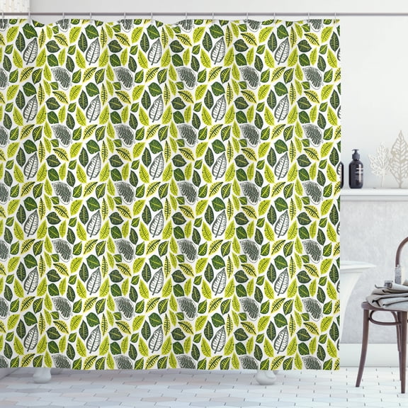 Philodendron Shower Curtain, Tropical Vivid Tone Leaves Illustration, Fabric Bathroom Set with Hooks, 69W X 70L Inches, Yellow Green Olive Green Pastel Yellow Sage Green, by Ambesonne