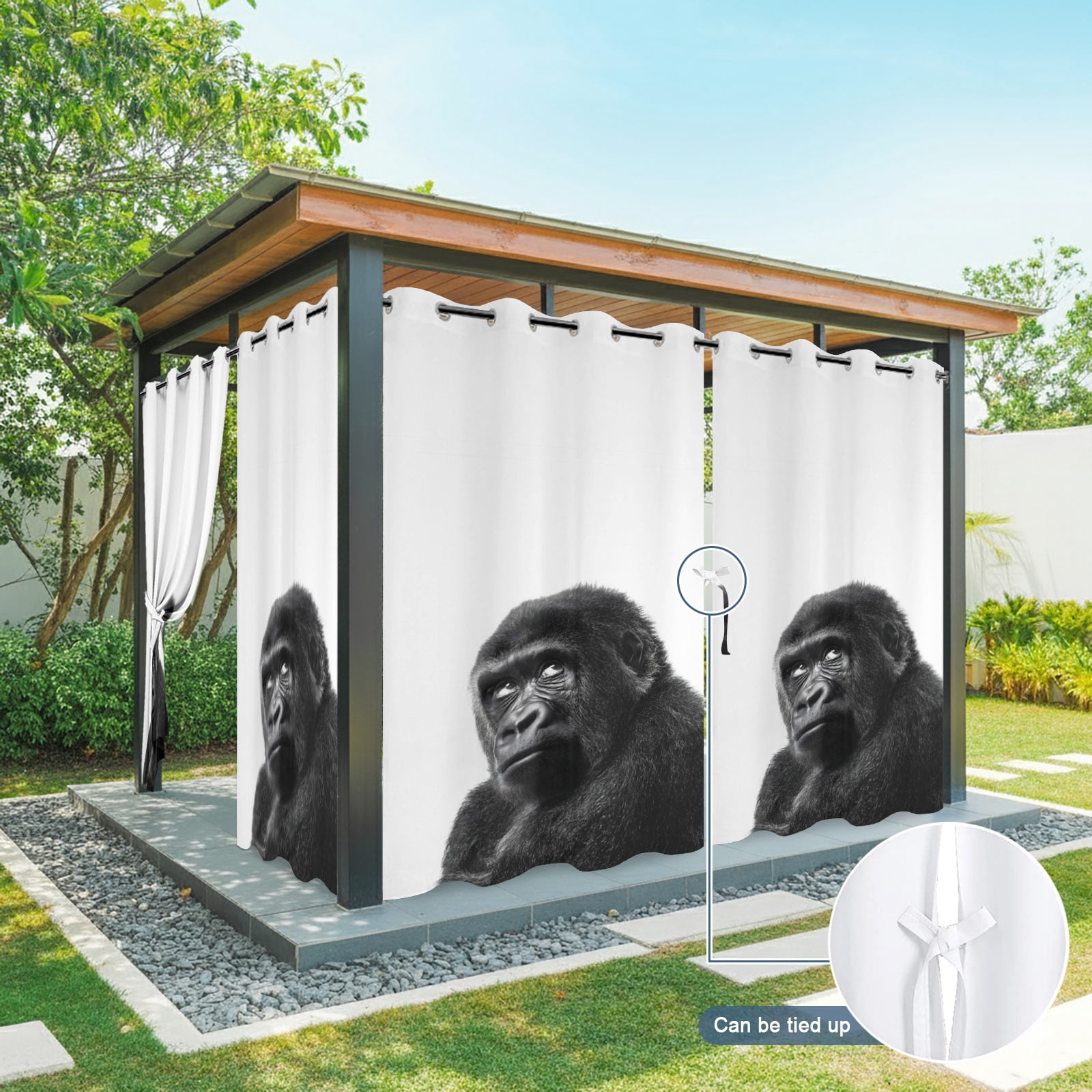 Gorilla Portrait Outdoor Curtains for Patio, Animal Minimalist Modern Black White Sunshade Privacy Drapes Grommet Waterproof Outside Curtains for Porch/Cabana/Balcony 54"x 108", 1 Panel