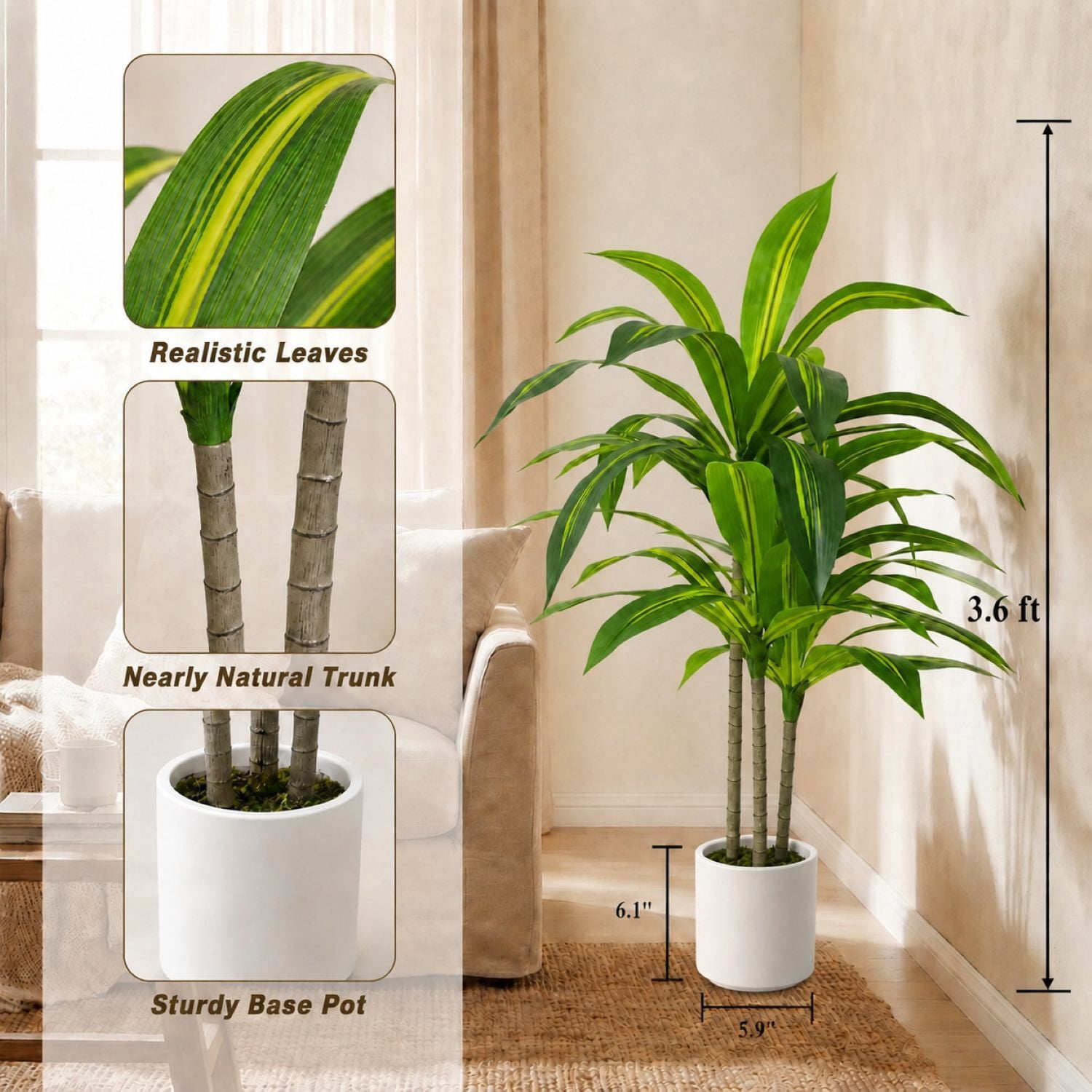 Easy4Home 3.6FT Artificial Plant Fake Dracaena Tree Potted Indoor Faux Floor Plant for Home Office Decor, White Pot