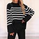 thumbnail image 5 of Suéteres de Punto A Rayas de Gran Tamaño para Mujer, Ropa de Otoño 2025, Suéter de Cuello Redondo de Invierno con Abertura Lateral Negro L, 5 of 6