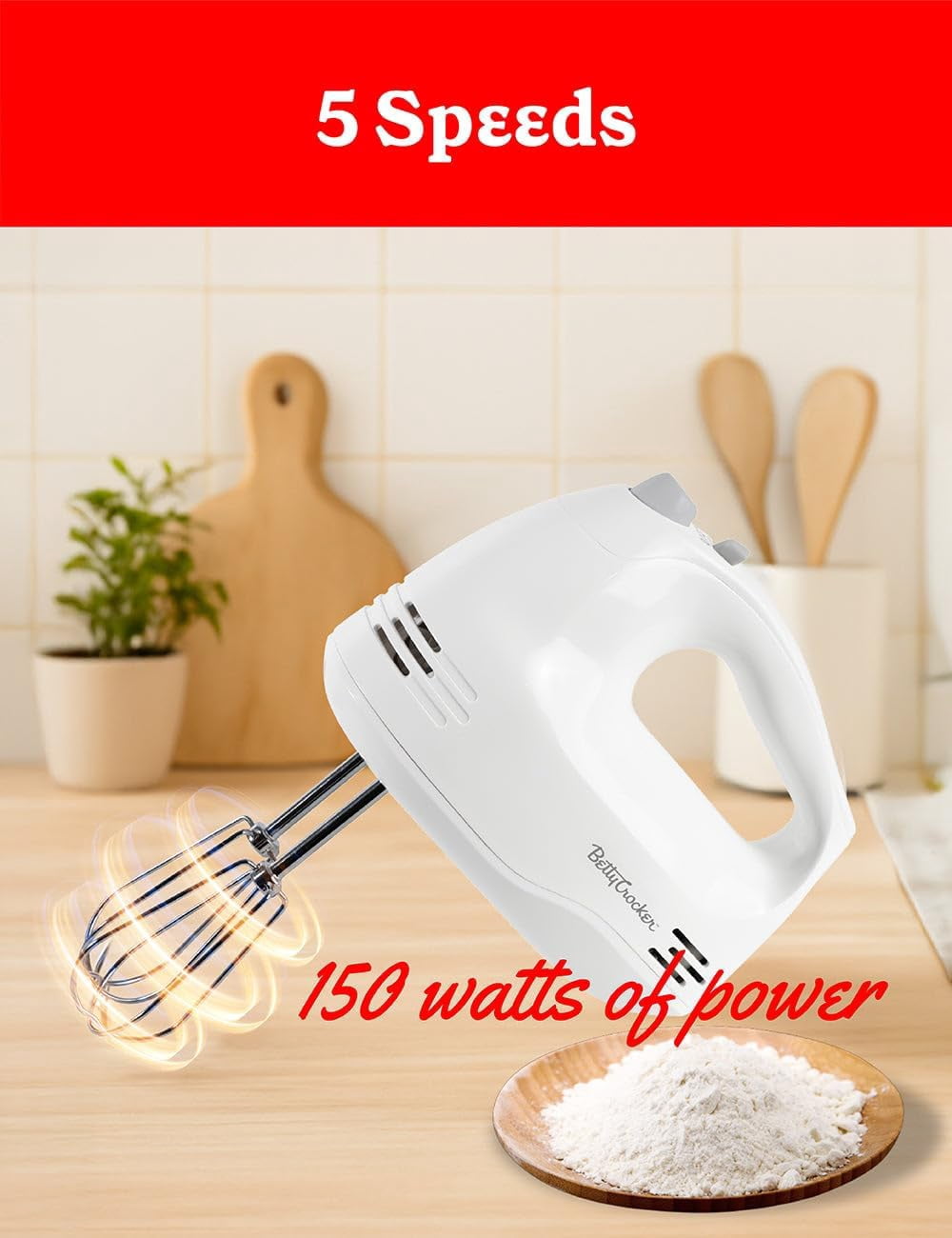 Betty Crocker 5-Speed Hand Mixer, 150 Watts Power, Easy-Clean Chrome Plate Beaters, Beater Eject Button, Heel Rest, Sleek Compact Design, Apartment Essentials, BC-4203WT, White