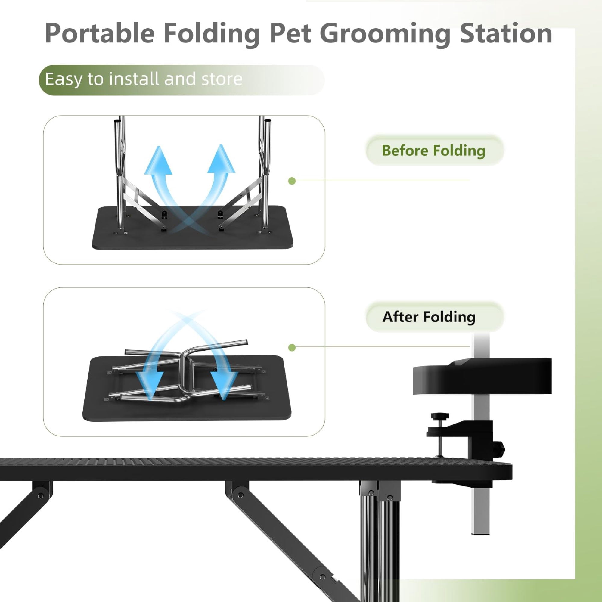 Leumius 47Inch Black Pet Grooming Table, Stainless Steel Foldable Grooming Table for Dogs at Home Adjustable Height Arms Pet Station with Nooses, Mesh Tray, Tool Organizer