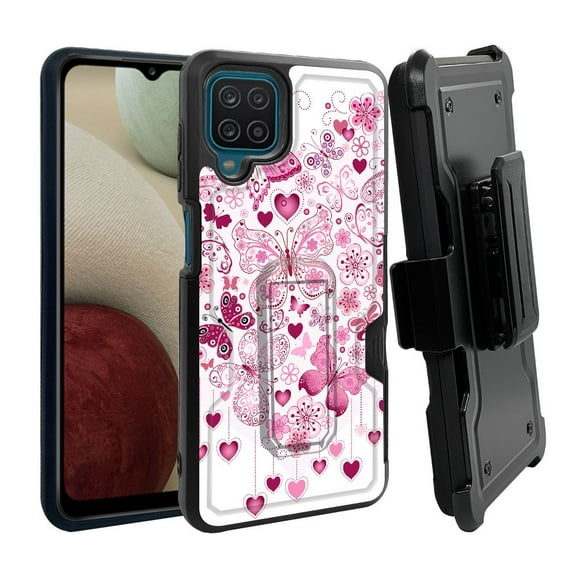 ANJ  Rugged Dual Layer Shockproof Holster Case w/Card Slot, Kickstand   Tempered Glass for Samsung Galaxy A12 - Butterfly Hearts