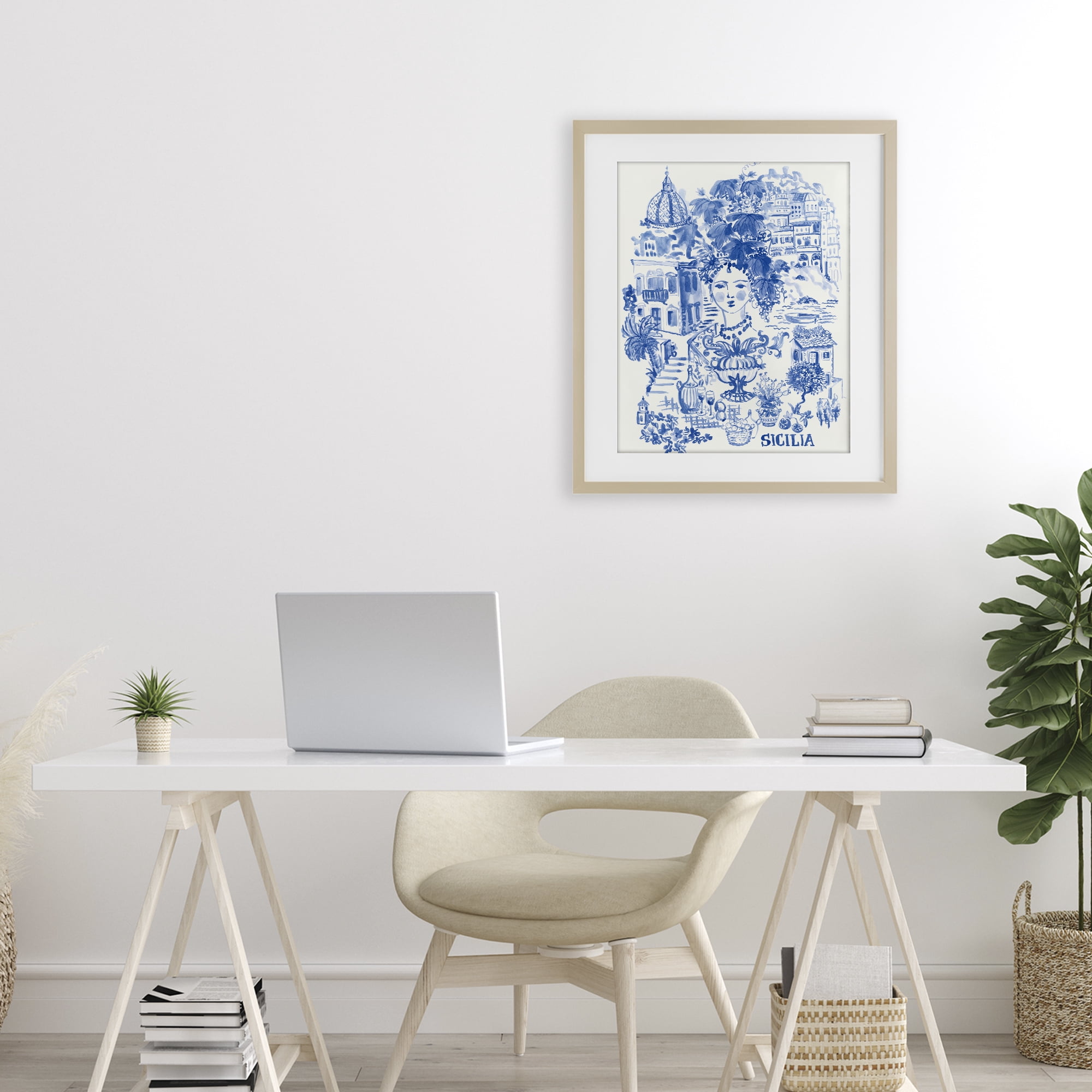 Stupell Industries Sicilia City In Blue Birch Framed Print Under Glass, design by Karolina Sato