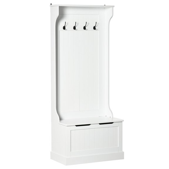 Coat Rack with Storage Bench, White MDF and Steel Hallway Organizer with 4 Hooks, 28.1 x 15.5 x 66.9 in