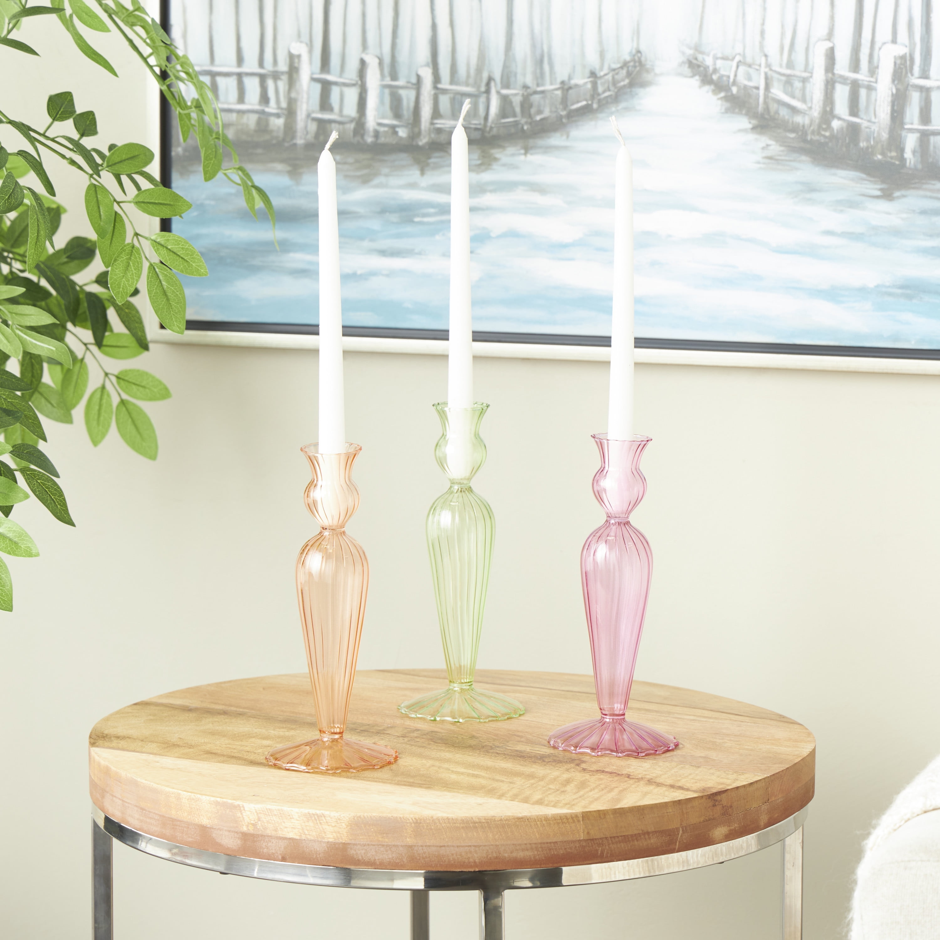 DecMode 3 Candle Multi Colored Glass Textured Tulip Inspired Candle Holder, Set of 3