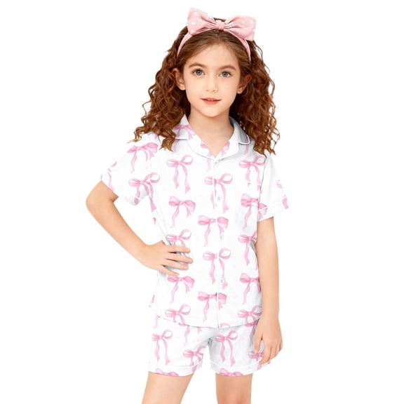 Silk Pajamas for Girls Valentines Day Pajamas Short Sleeve Bow Button Down Loungewear Girls Pjs Size 6-7 Years