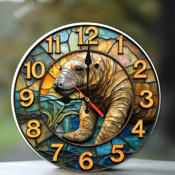 Unique Manatee Wall Clock 2D Art Home Decor 10-Inch Silent Wooden Wall Clock, Battery Operated (AA Batteries Not Included), Artistic Home Decor