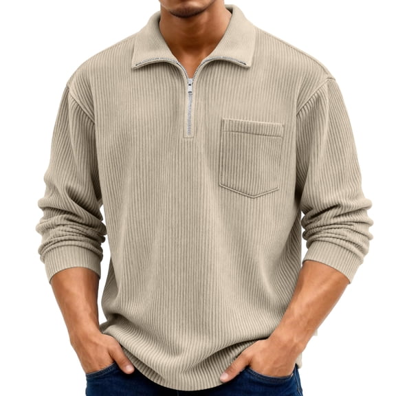 Domuza Men's Corduroy Sweatshirt Stand Collar Casual Quarter Zip Pullover Spring Fall Trendy Relaxed Fit Ribbed Long Sleeve Sweatshirts Khaki S