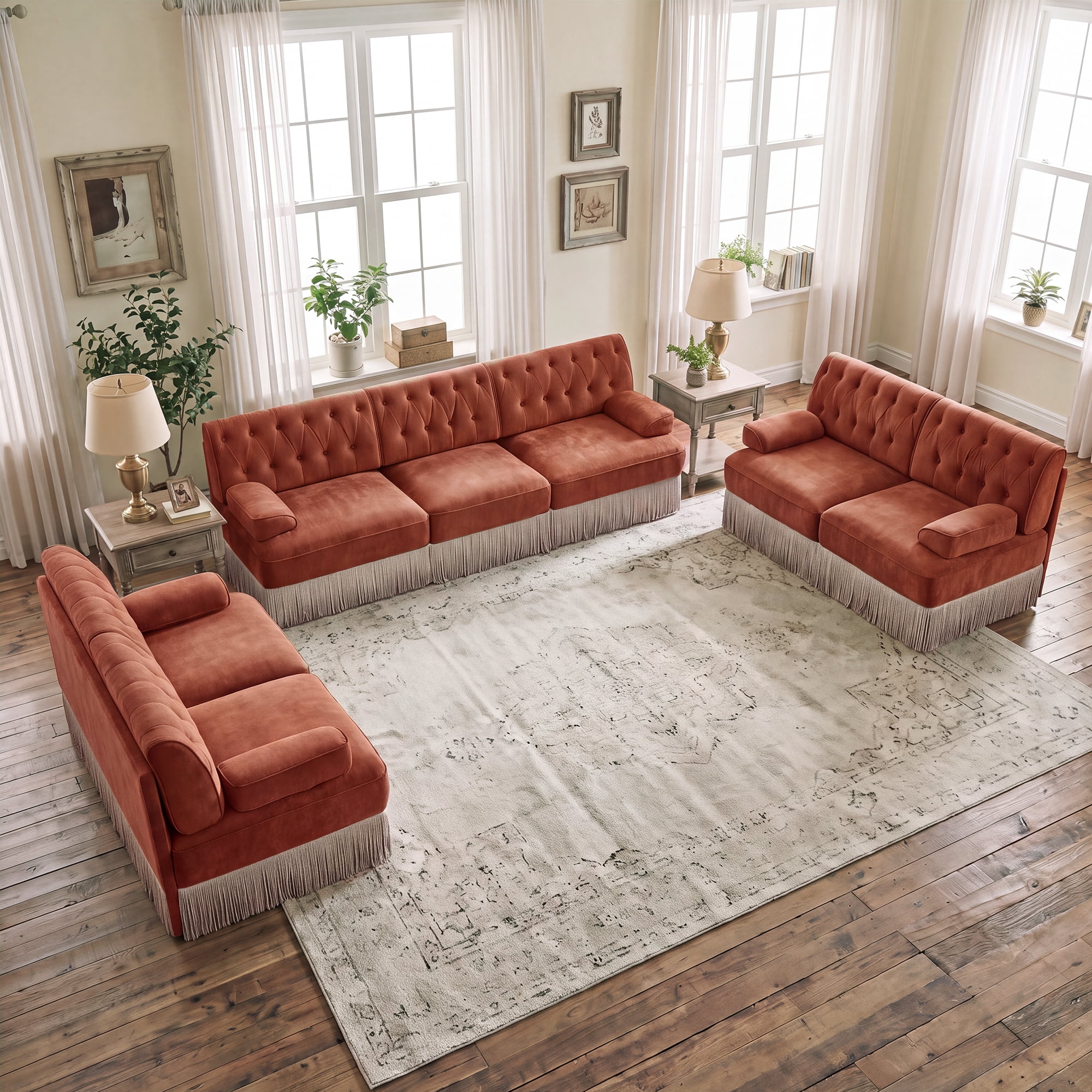3‑Piece Sectional Sofa Set, 2 Pcs Loveseat & 1 Pcs 106" 3‑Seater Sofa Couch Set with Tassel Skirt