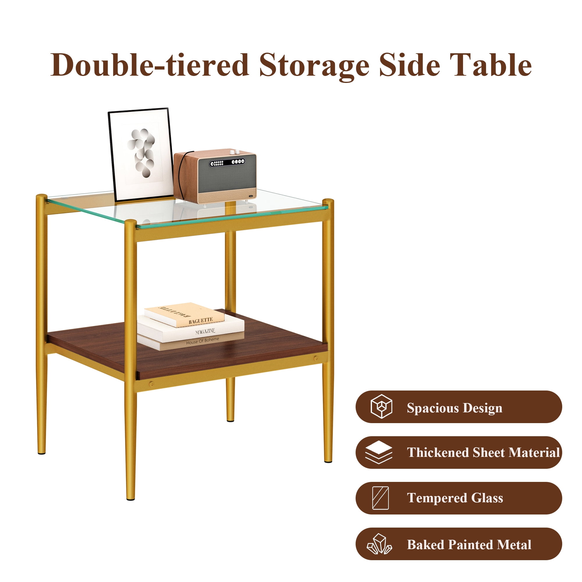 MAYEERTY Set of 2 Rectangle End Tables with Transparent Tempered Glass & MDF Layer