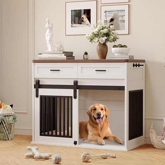 Rugerasy 42 in Dog Crate Furniture with Storage Drawers, Rust-Proof Metal Frame,Wooden Double Dog Cage TV Stand with 2 Sliding Barn Doors for Small Medium Dogs,White
