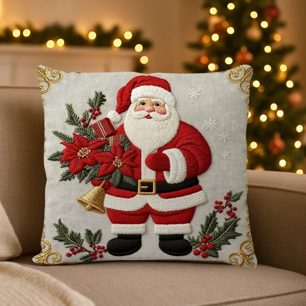 Funda de Almohada Navideña Roja de 45 X 45 Cm, Decoración Navideña de Muñeco de Nieve, Funda de Cojín de Lino con Bordado de Imitación.