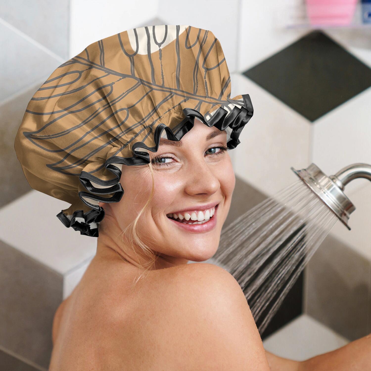 Shower Caps,Brown Boho Line Art Plant Pattern Waterproof Shower Cap for Women 4 Pieces,Double Reusable Hair Cover for Shower PEVA Elastic Stretch Hem