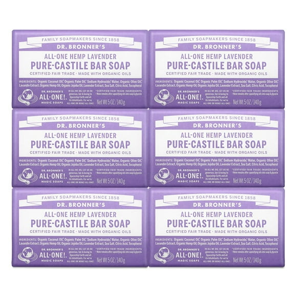 Dr. Bronner's - Savon en Barre Pur-Castille (Lavande, 5 Onces, Lot de 6) - Fabriqué avec des Huiles Biologiques, pour Visage, Corps et Cheveux, Doux et Hydratant, Biodégradable, Vegan, Sans Cruauté, non-OGM