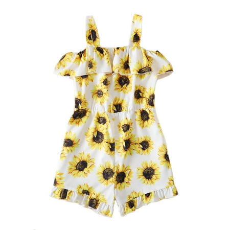 

4T Girls Clothes Baby Girls Overall Shorts Sunflower Print Sleeveless Suspender Overalls 4-5T Toddler Girls Summer One-piece Floral Jumpsuit White