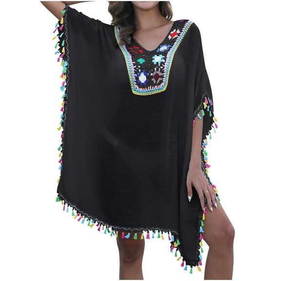 Enjoytime Women's Casual Short Sleeve Dresses Boho Floral V Neck Dress Tassel Smocked Beach Summer Casual Mini Dresses For Women 2025