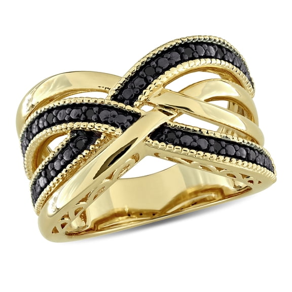 Everly Women's 1/10ct TW Black Diamond 2-Row Crisscross Ring in Yellow Gold Flash Plated Sterling Silver