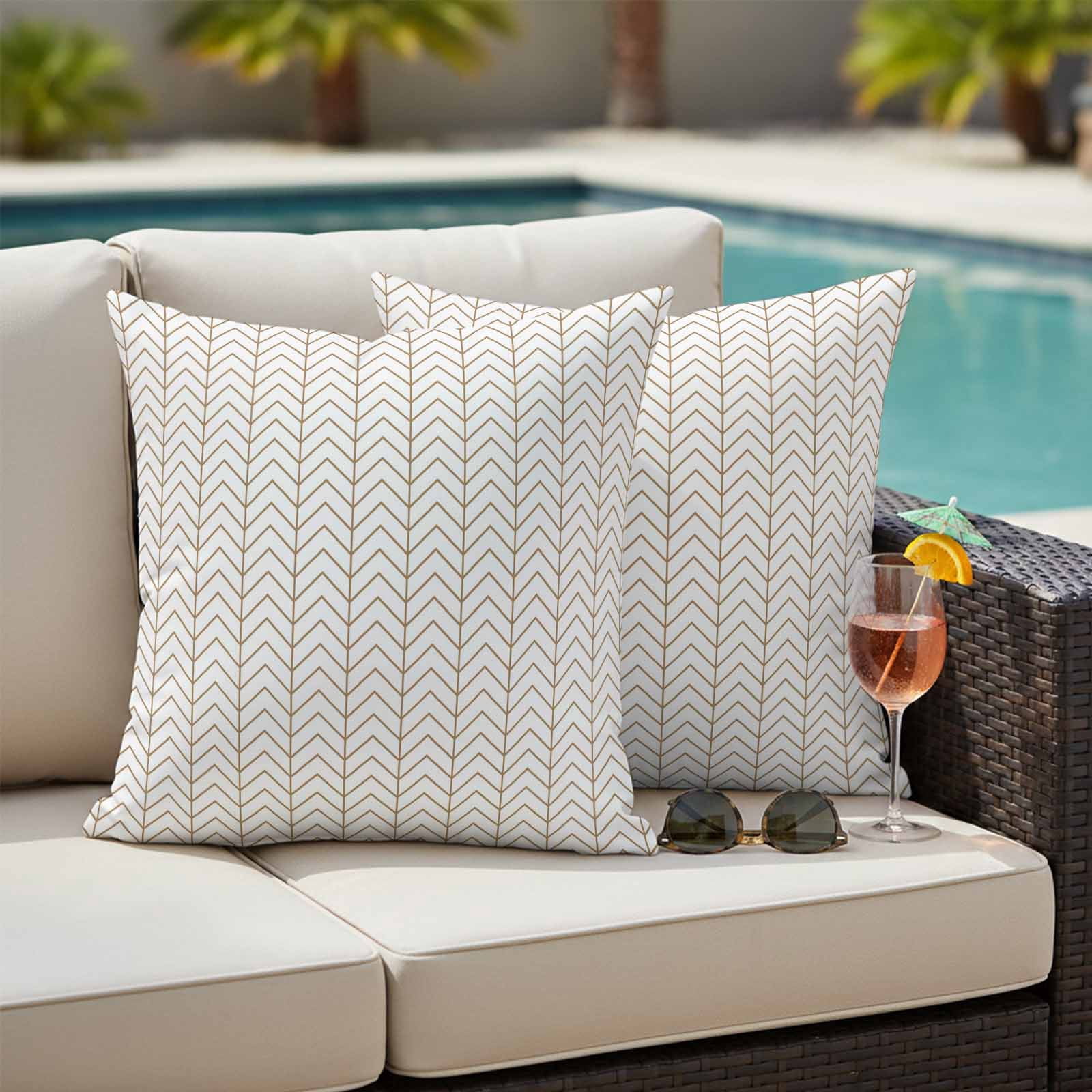 Simple Line White Outdoor Waterproof Pillow Covers, Beige Modern Art Geometric Decorative Square Throw Pillowcase Sofa Cushion Sham for Patio/Couch/Chair, 26"x26" 2 Pack
