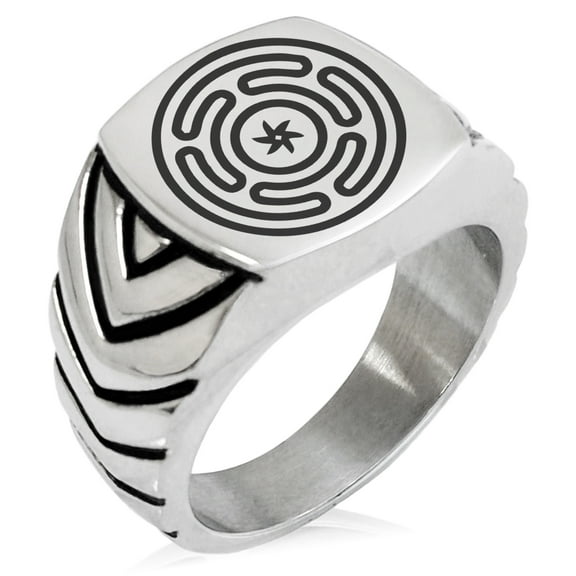 Stainless Steel Hecate Greek Goddess of Magic Chevron Pattern Biker Style Polished Ring