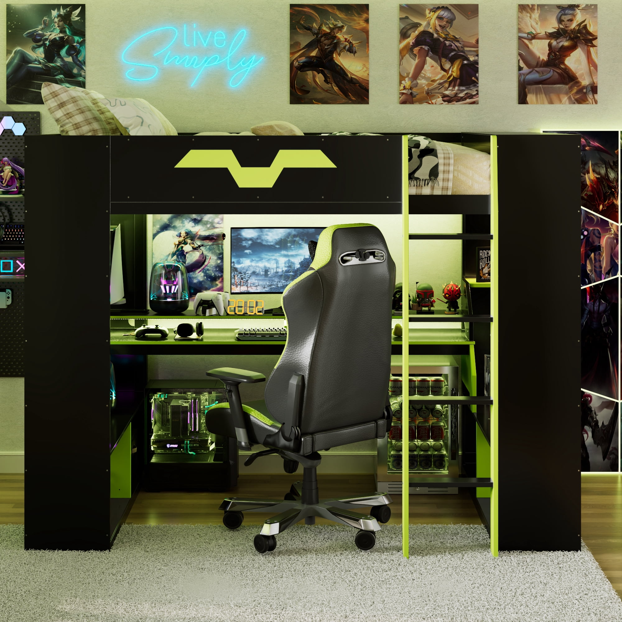 Mintazer Full Size Gaming Loft Bed with RGB LED Lights, Power Outlets and Dual Side Storage Shelves, Black & Green