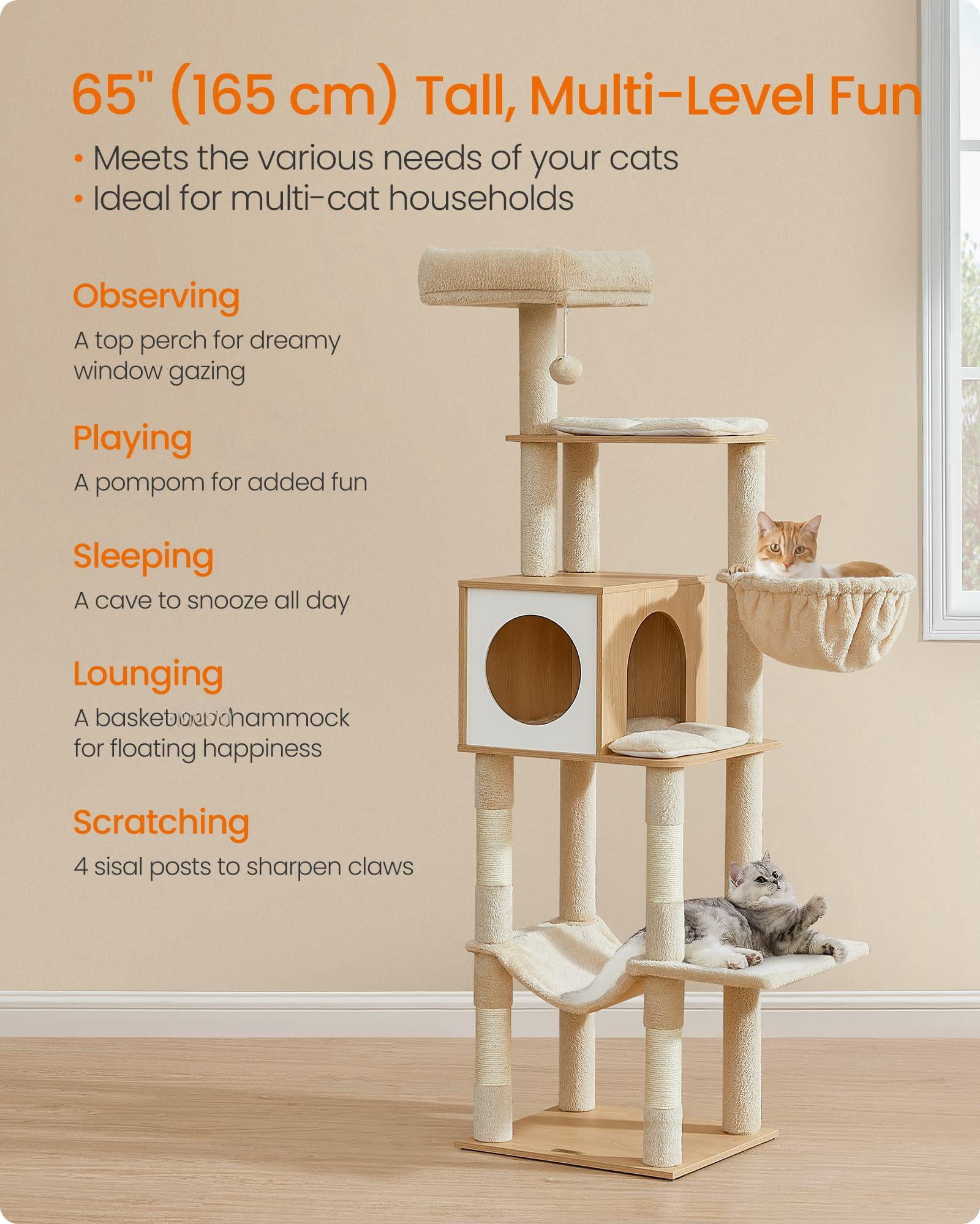 Cat Tree  65-inch Tall Tower Multi-level Condo With Cave Basket Hammock Pompom Posts Almond Yellow Upct118y01