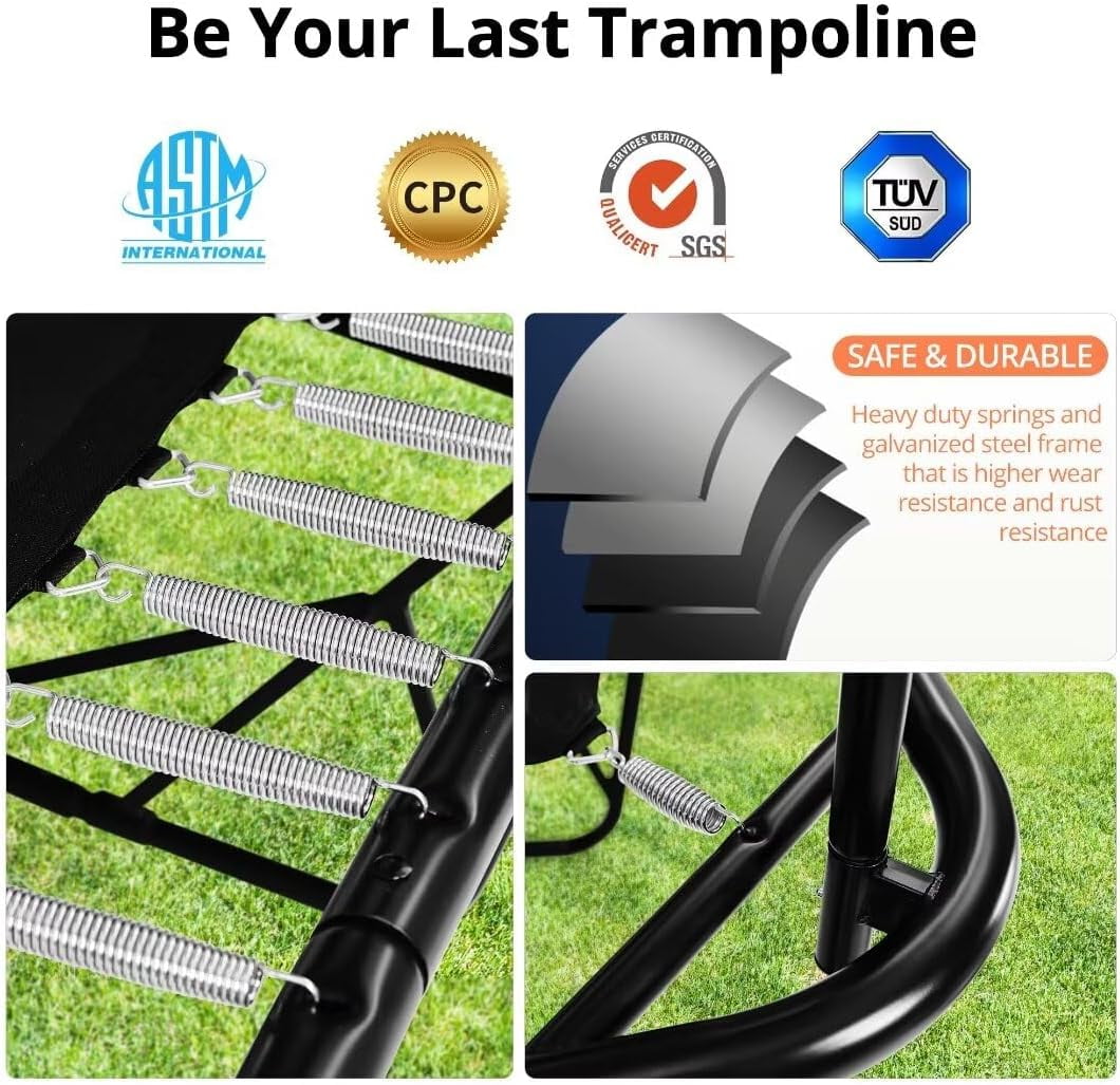 Rectangle Trampoline for Adults, 10x17 FT Large Outdoor Rectangular Trampoline for Backyard - ASTM Certified - Gymnastics Trampoline with Enclosure Net, Basketball Hoop, Strong Base, Green