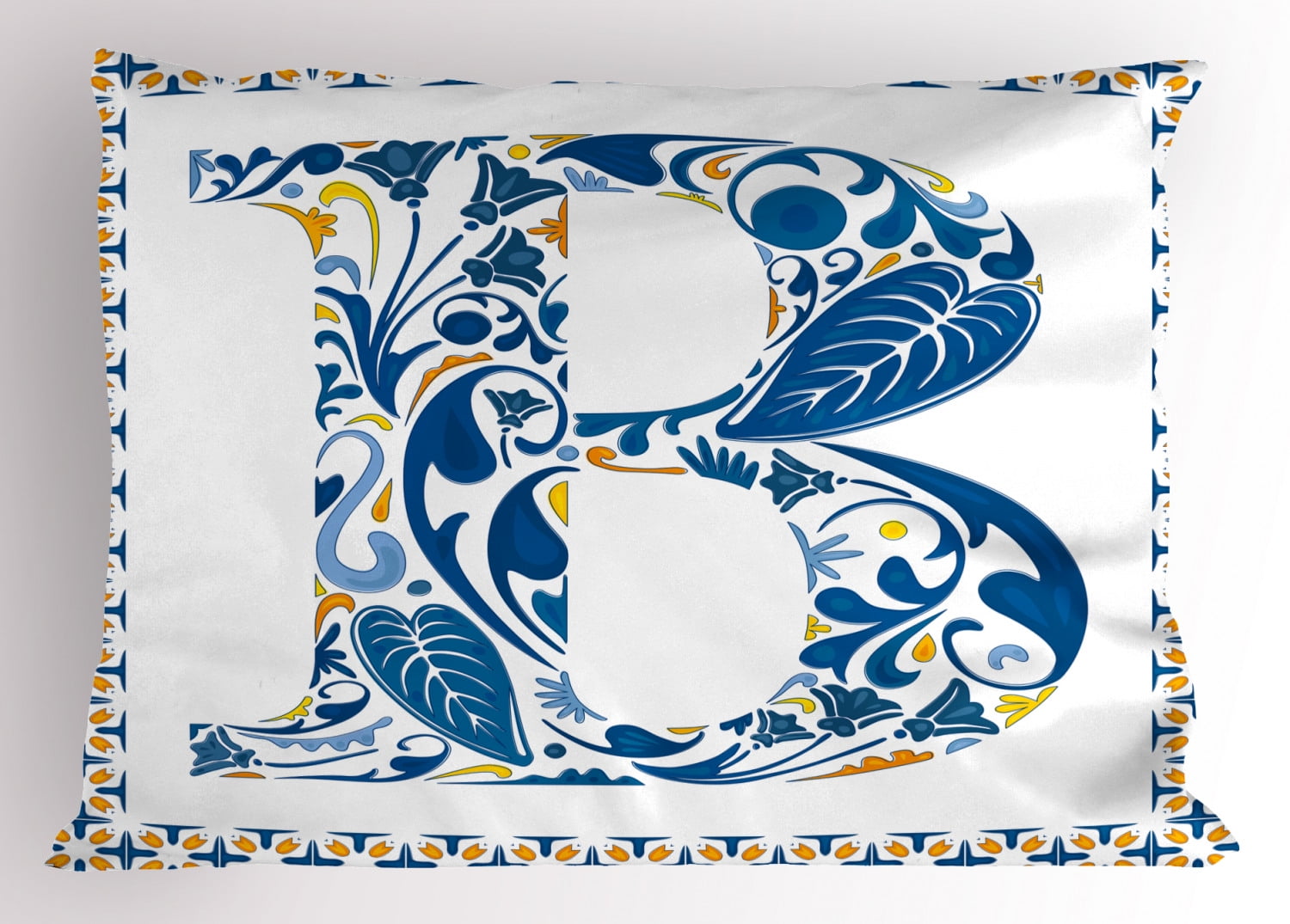Letter B Pillow Sham European Art Elements Floral B Letter in Alphabet