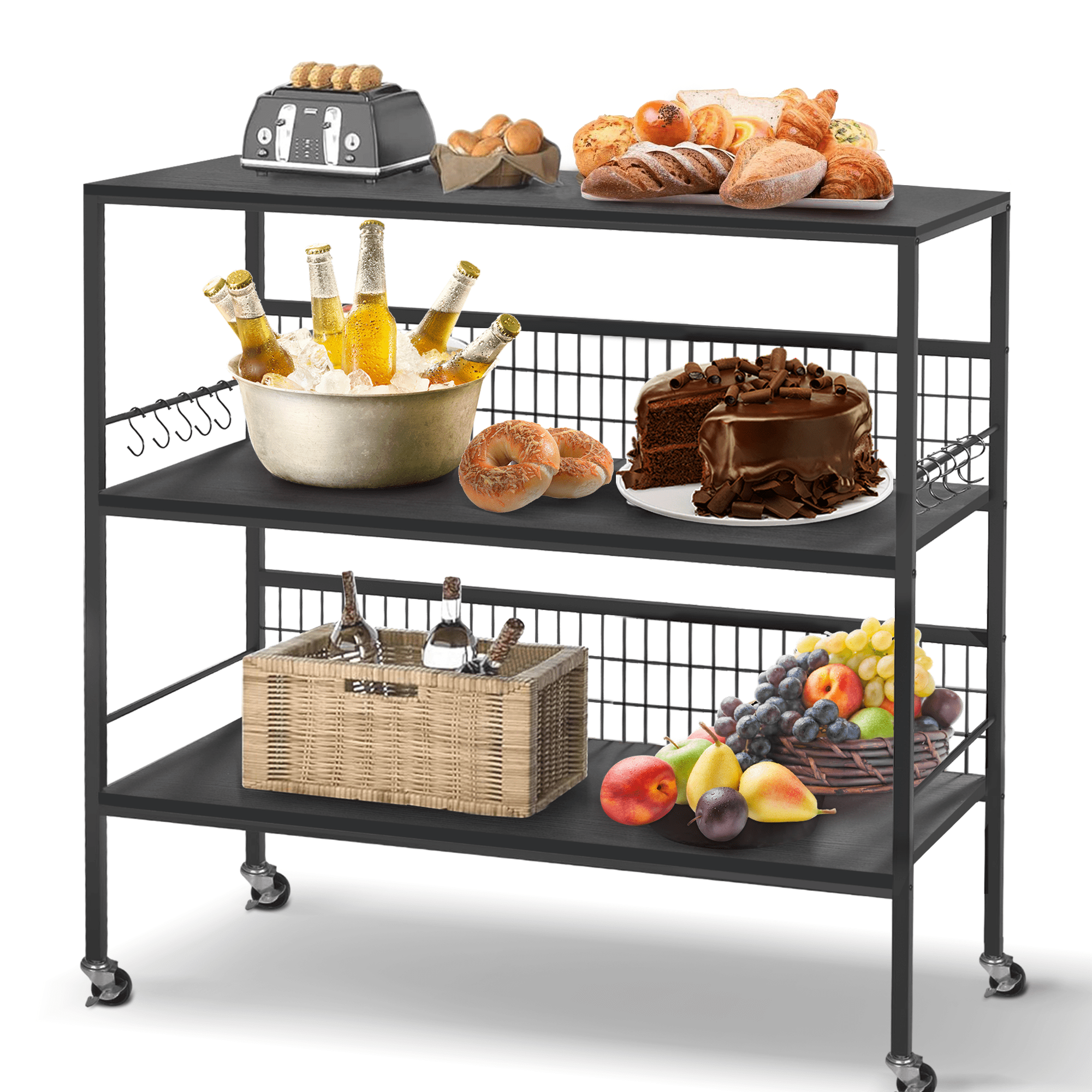40" Rolling Kitchen Cart Island with Wheels and Storage Shelves, Copedvic 3-Tier Kitchen Bakers Rack Microwave Cart Oven Stand with 10 Hooks, Black