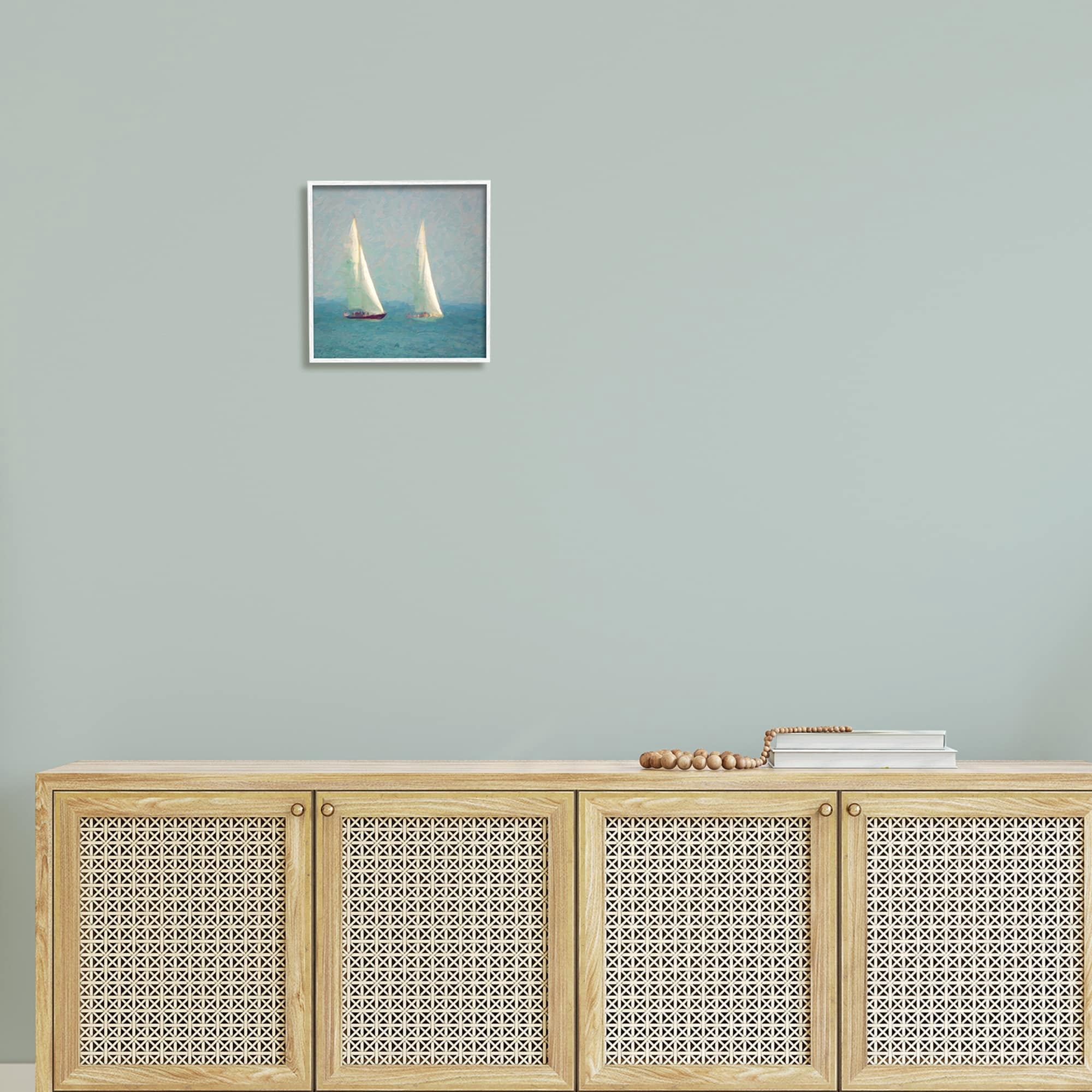 Stupell Industries Two Sailboats Floating Foggy Ocean Weather Painting Painting White Framed Art Print Wall Art, Design by Graffitee Studios