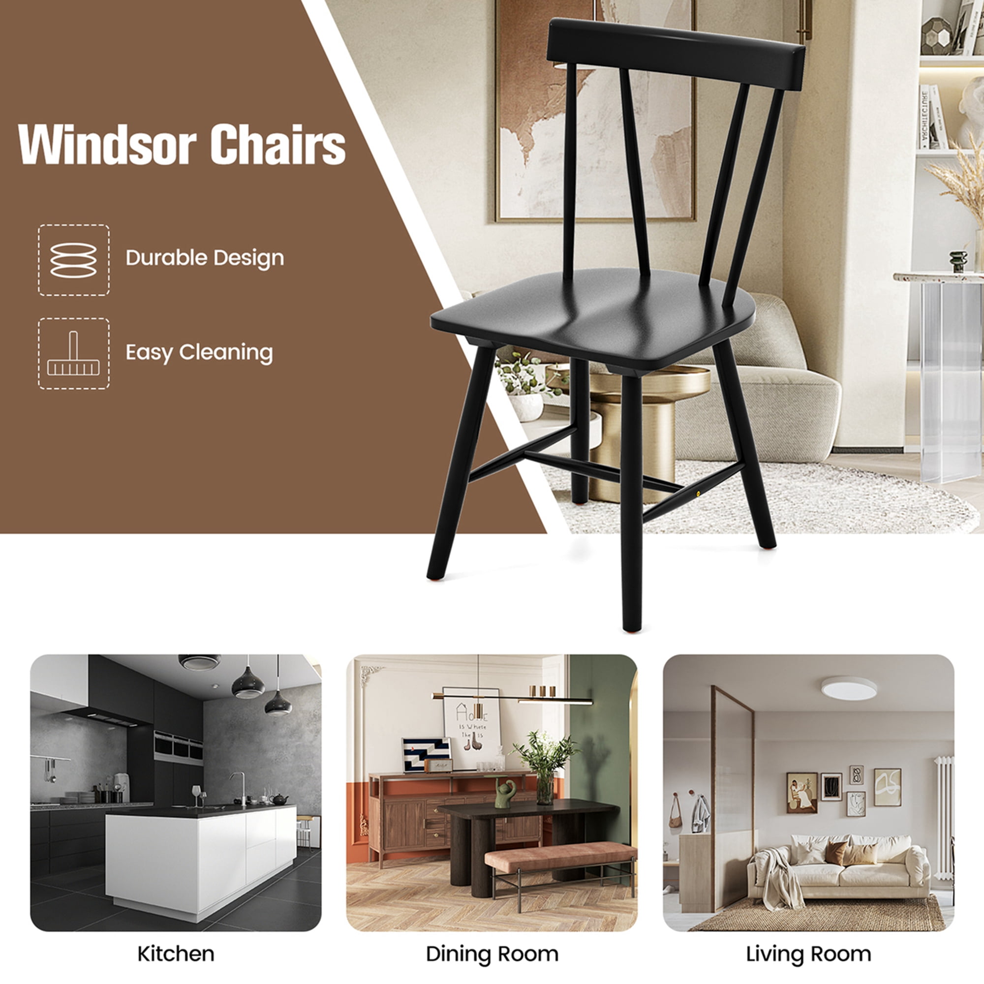 Costway Windsor Rubber Wood Dining Chairs, Black (Set of 2)
