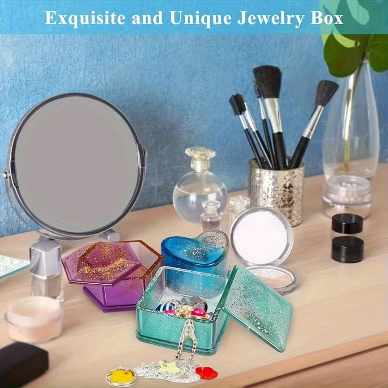 3 piece epoxy resin mold set, silicone jewelry box mold, heart shape & square, bendable storage container DIY hand making tools