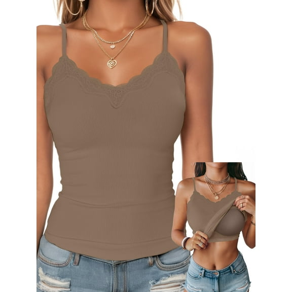 Anygrew Tank Top for Women with Built in Bra Lace Adjustable Spaghetti Strap Camisoles Ribbed Slim Basic Tops