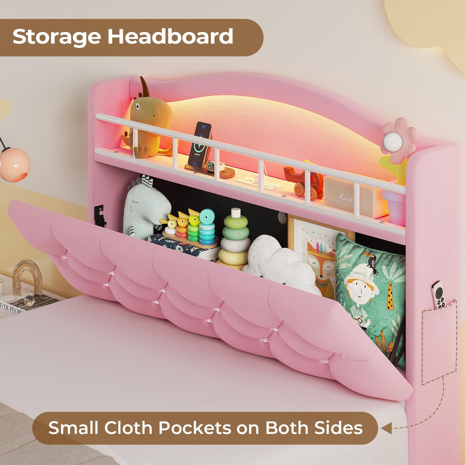 AMUZER Twin Size Princess Bed Frame with 4 Storage Drawers,Headboard with LED Lights & Charging Station, Girl Upholstered Bed,No Box Spring Needed, Easy Assembly, Pink