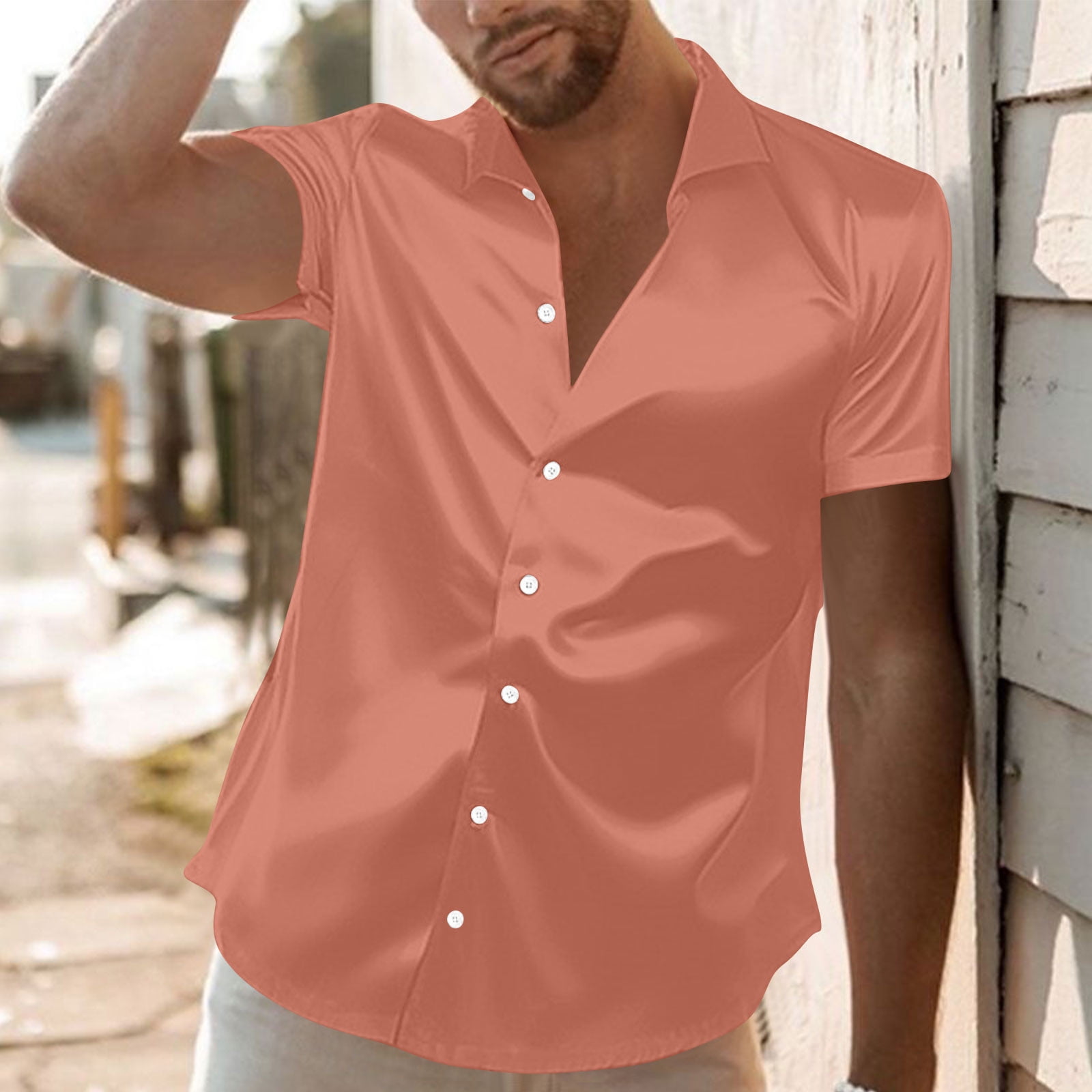 RYRJJ Mens Silk Button Down Shirt Short Sleeve Collared Satin Dress Shirts  Summer Party Wedding Prom Shirt(Rose Gold,L) - Walmart.com