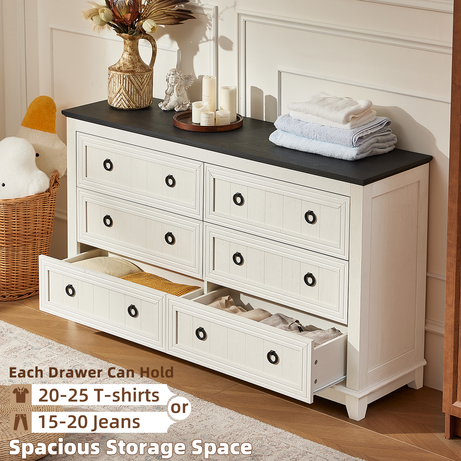 Joaxswe Dresser for Bedroom, Wide Dresser with 6 Drawers and Antique Handles, Chest of Drawers for Living Room, Entryway and Hallway, White