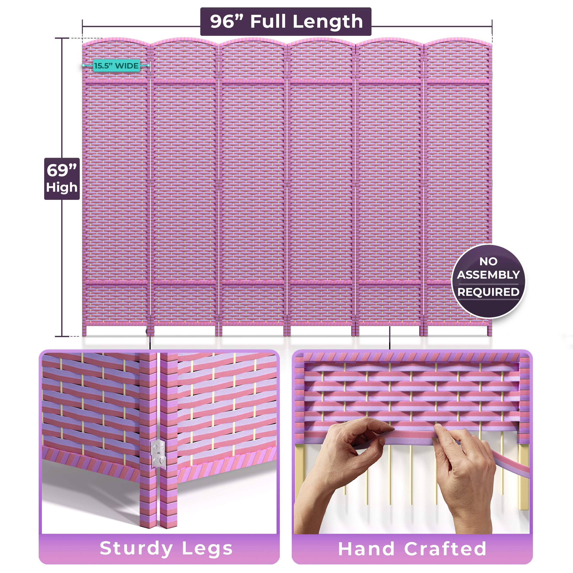 Sorbus 6-Panel Extra-Wide Folding Room Divider Privacy Screen, Hand-Woven Purple Mesh