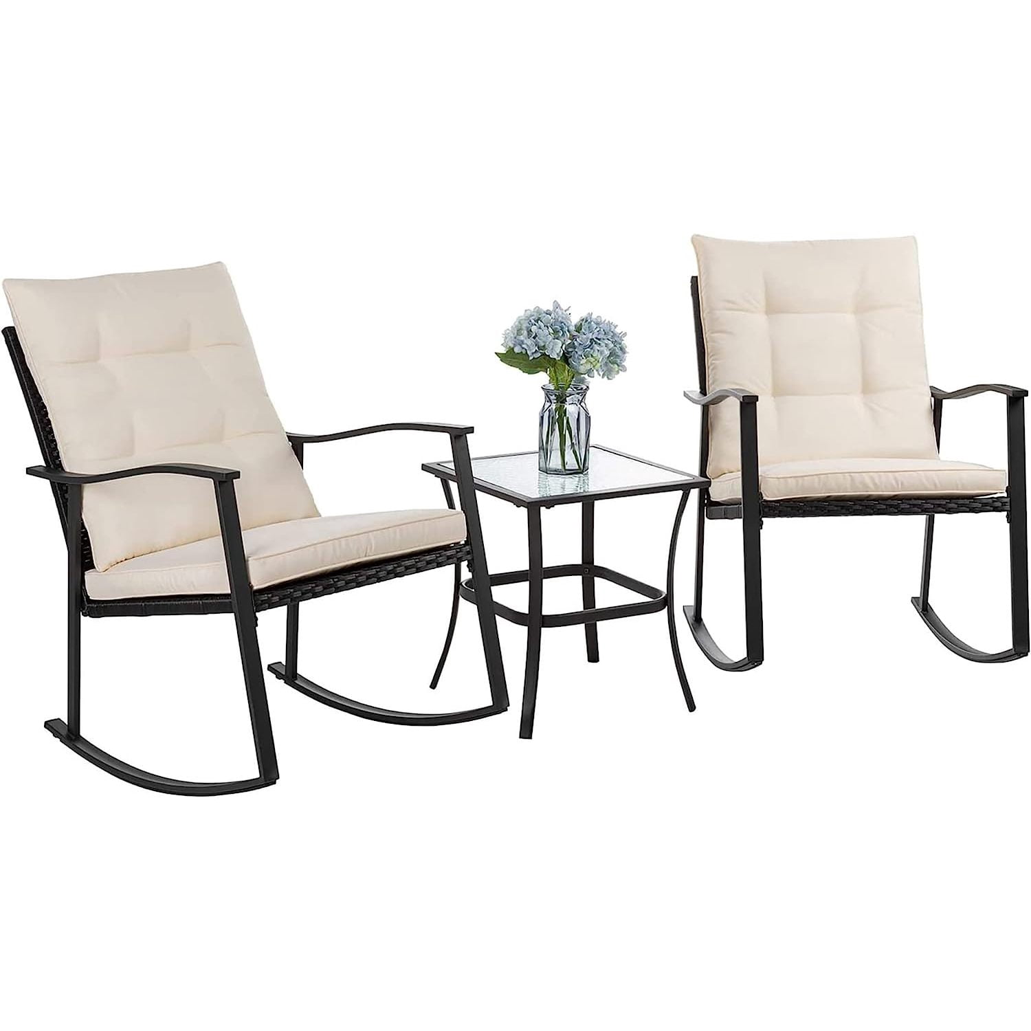 3 Piece Outdoor Rocking Chair Set, PE Wicker Rattan Small Patio Rocking