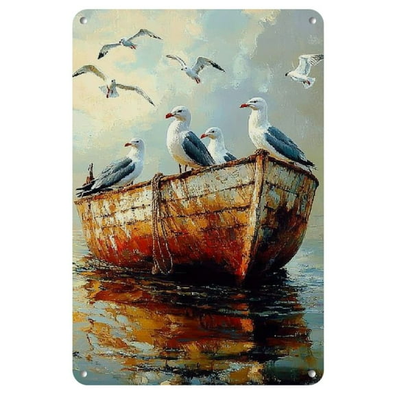 Room Decor 1pc Nautical Seagulls on Boat Iron Sign, 8x12 inches Vintage Metal Wall Art, Rustic Home & Outdoor Decor, Coastal Style Hanging Plaque, Bird Decor, Perfect for Room Decor